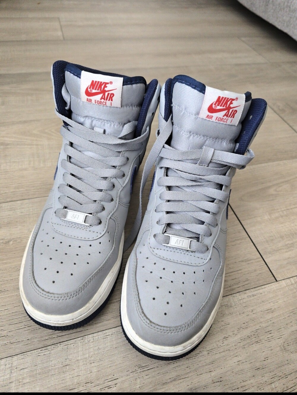 Nike Air Force 1 High Top Sneakers in Light Gray and Navy - Picture 3 of 4